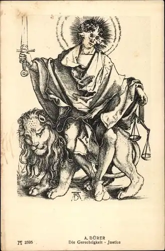 Künstler Ak Dürer, Albrecht, Die Gerechtigkeit, Allegorie, Waage, Löwe