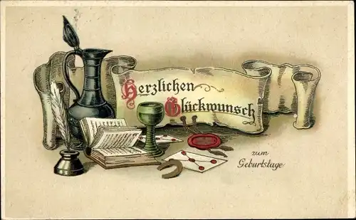 Litho Glückwunsch Geburtstag, Weinglas, Hufeisen, Briefe, Siegel, Tintenfass