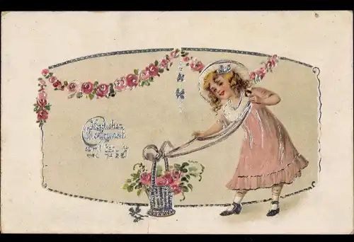 Präge Litho Glückwunsch Geburtstag, Mädchen mit Blumenkorb, Rosen