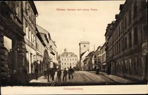 Ak Crimmitschau in Sachsen, Thiemestraße, roter Turm