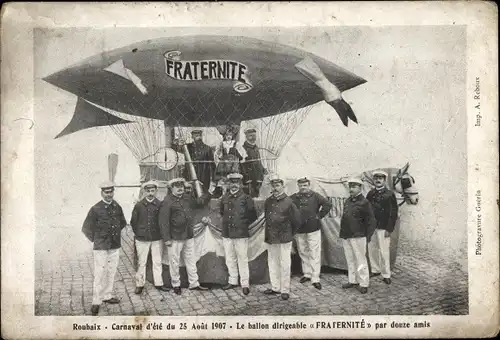Ak Roubaix Nord, Carnaval d'ete du 25 Aout 1907, Ballon Dirigeable Fraternite par douze amis, Modell