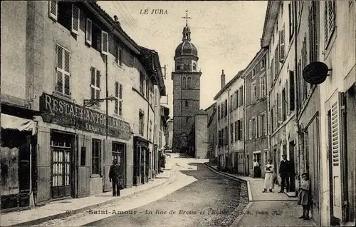 Ak Saint Amour Jura, La Rue de Bresse et l'Eglise, Restaurant, Boulangerie