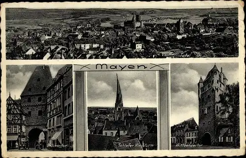 Ak Mayen in der Eifel, Totale, Brückentor, Wittbendertor, schiefer Kirchturm
