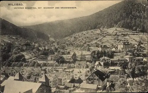 Ak Bad Wildbad im Schwarzwald, Unterer Stadtteil, Bahnhof, Krankenheim