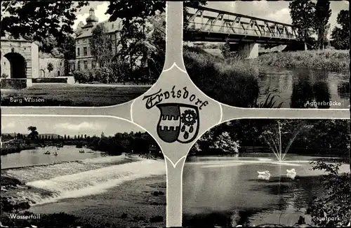 Ak Troisdorf an der Sieg, Burg Wissem, Wasserfall, Aggerbrücke, Parkpartie