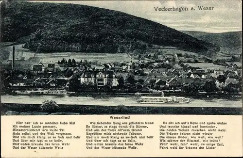 Ak Veckerhagen Reinhardshagen Weser, Gesamtansicht, Weserlied