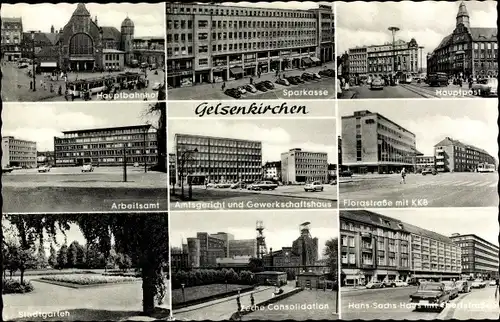 Ak Gelsenkirchen Ruhrgebiet, Hauptbahnhof, Arbeitsamt, Hauptpost, Amtsgericht, Zeche Consolidation