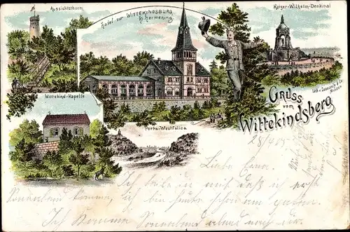 Litho Porta Westfalica in Westfalen, Hotel zur Wittekindsburg, Denkmal, Wittekindsberg