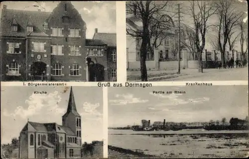 Ak Dormagen am Niederrhein, Bürgermeisteramt, Krankenhaus, Kirche, Rheinpartie