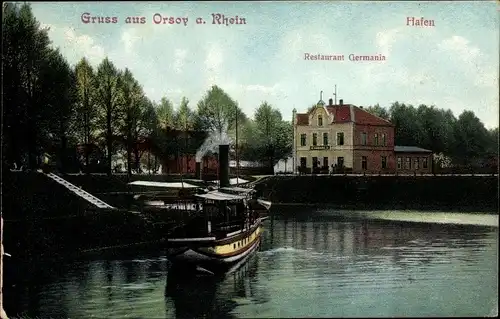 Ak Orsoy Rheinberg am Niederrhein, Hafen, Salondampfer, Restaurant Germania