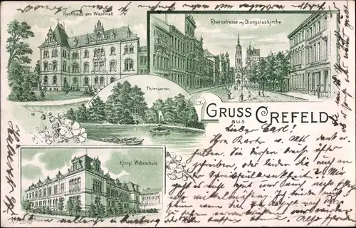 Litho Krefeld am Niederrhein, Rheinstraße, Dionysiuskirche, Rathaus am Westwall, Webschule