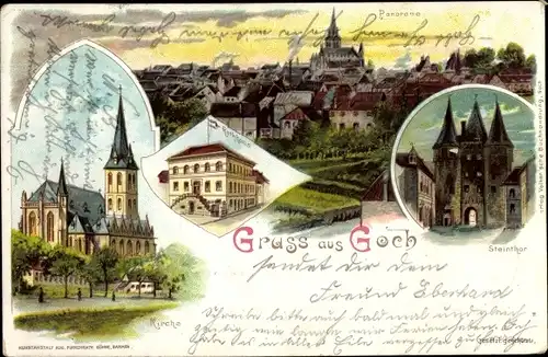 Litho Goch am Niederrhein, Kirche, Steintor, Panorama, Rathaus