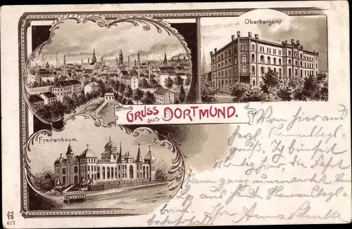 Litho Dortmund im Ruhrgebiet, Fredenbaum, Oberbergamt, Totalansicht