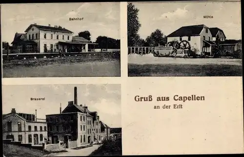 Ak Capellen an der Erft Kapellen Grevenbroich, Wassermühle, Brauerei, Bahnhof, Gleisseite