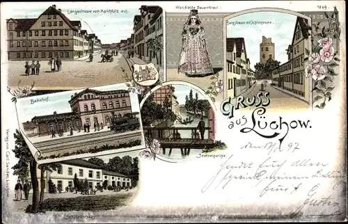 Litho Lüchow im Wendland, Wendische Bauernbraut, Bahnhof, Schützenhaus, Schloss