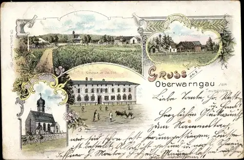 Litho Oberwarngau Warngau Oberbayern, Gasthaus, Pfarrkirche, Pfarrdorf