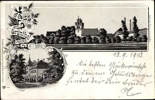 Litho Grünthal Grüntal in der Mark Barnim, Kirche, Gebäude