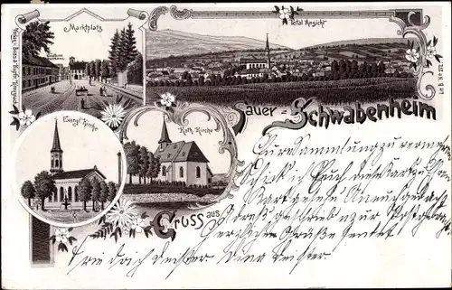 Litho Schwabenheim an der Selz Rheinhessen, Marktplatz, Kirchen, Totalansicht