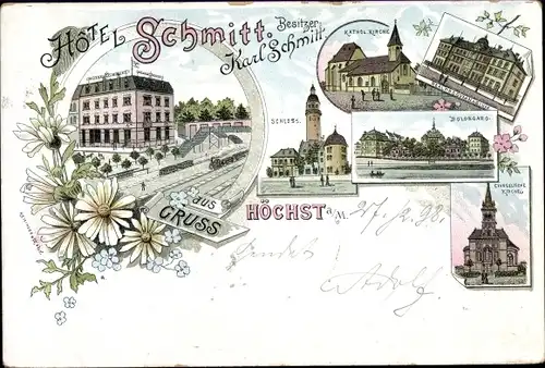 Litho Höchst Frankfurt am Main, Hotel Schmitt, Schloss, Kirche, Bolongaro, Realprogymnasium