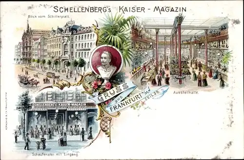 Litho Frankfurt am Main, Schellenberg's Kaiser Magazin, Ausstellhalle, Schillerplatz, Schaufenster