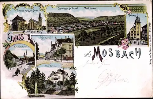 Litho Mosbach am Odenwald, Rathaus, Palmsches Haus, Kirche, Bezirksamt, Schloss, Totalansicht