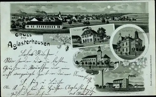 Mondschein Litho Aglasterhausen in Baden, Blick auf den Ort, Villa, Fabrik