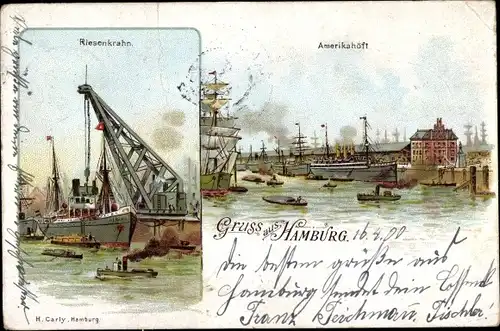 Litho Hamburg, Amerikahöft, Riesenkran, Hafen