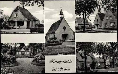 Ak Kremperheide in Holstein, Siedlung, Kirche, Ehrenmal, Geschäft Siegfried Schäfer