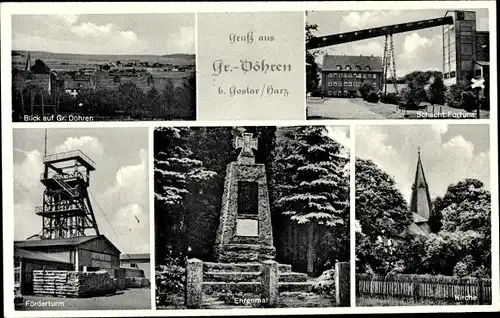 Ak Groß Döhren Liebenburg am Harz, Schacht Fortuna, Kirche, Förderturm, Ehrenmal