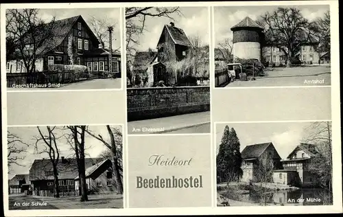 Ak Beedenbostel in Niedersachsen, Amtshof, Ehrenmal, Mühle, Schule, Bauerngehöft