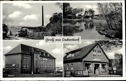 Ak Lachendorf in Niedersachsen, Geschäftshaus Grünewald, Papierfabrik, Schule, Lachtepartie