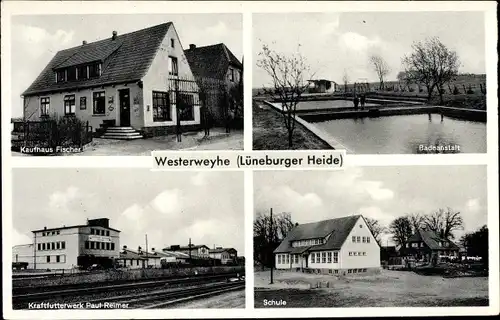 Ak Westerweyhe Uelzen in Niedersachsen, Badeanstalt, Kaufhaus Fischer, Kraftfutterwerk Paul Reimer