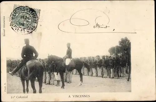 Ak Vincennes Val de Marne, 21e Colonial, französische Soldaten, Reiter