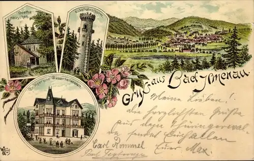 Litho Ilmenau in Thüringen, Goethehäuschen, Kickelhahnsturm, Dr. Preller'sche Wasserheilanstalt