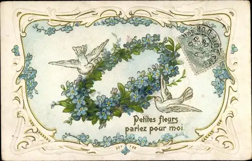 Präge Ak Vergissmeinnicht, Tauben, Kranz