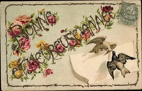 Präge Ak Glückwunsch Neujahr, Tauben, Blumen, Rosen