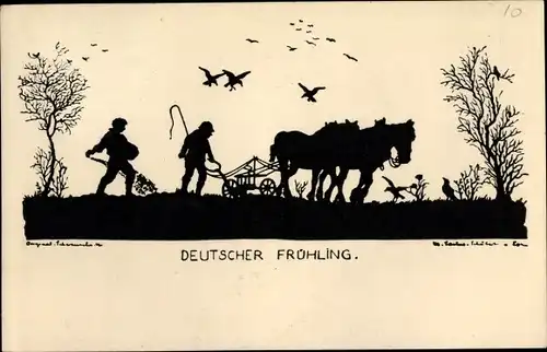 Scherenschnitt Künstler Ak Sachse Schubert, W., Deutscher Frühling, Bauern, Pflug