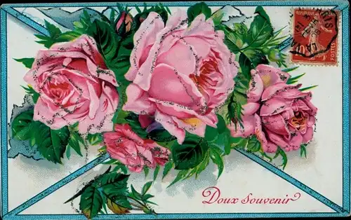 Präge Glitzer Ak Blühende Rosen, Blumenstrauß, Souvenir