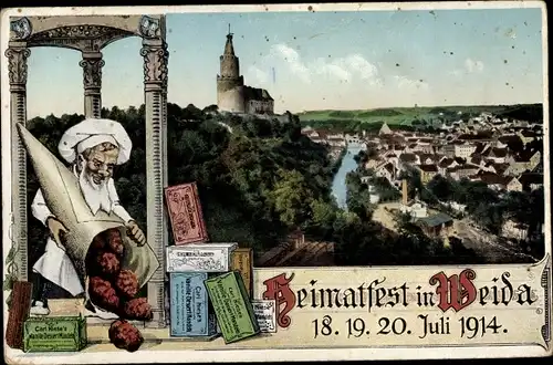 Ak Weida in Thüringen, Schloss Osterburg, Blick auf den Ort, Heimatfest 1914, Reklame, Carl Niese