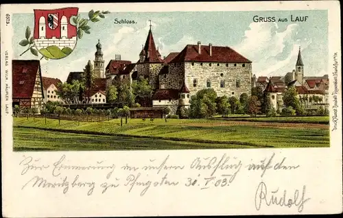 Wappen Litho Lauf an der Pegnitz in Mittelfranken Bayern, Schloss, Ortsansicht