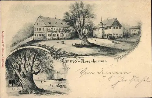 Litho Rosenhammer Weidenberg Oberfranken, Baum, Teilansicht, Gasthaus