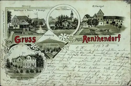 Litho Renthendorf in Thüringen, Gasthaus zum Stern, Rittergut, Kirche, Dr. Alfred Brehms Villa