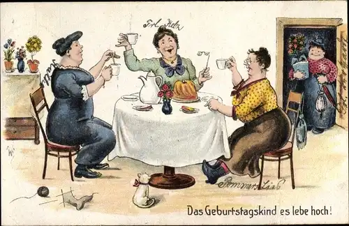 Künstler Ak Scheuermann, Willi, Glückwunsch Geburtstag, Frau an der Kaffeetafel