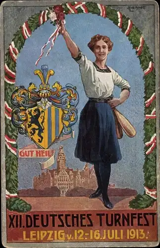 Wappen Künstler Ak Liebing, Leipzig in Sachsen, 7. Turnfest 12. bis 16. Juli 1913, Gut Heil
