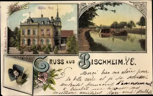 Ak Bischheim Elsass Bas Rhin, Villa Rey, Flusspartie, Frau in Tracht