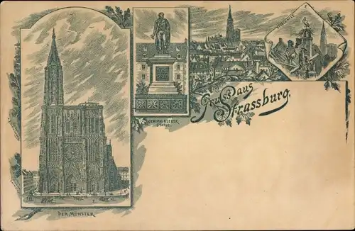 Litho Strasbourg Straßburg Elsass Bas Rhin, Münster, General Kleber Statue, Storchennest