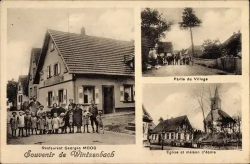 Ak Wintzenbach Winzenbach Elsass Bas Rhin, Partie du Village, Eglise, maison d'ecole, Restaurant