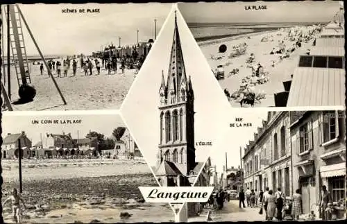 Ak Langrune Calvados, la Plage, rue de la Mer, l'Église