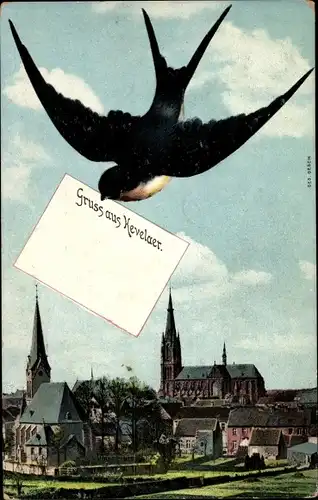 Ak Kevelaer am Niederrhein, Teilansicht, Kirchen, Schwalbe im Flug