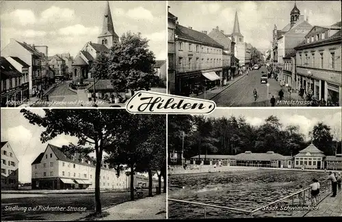 Ak Hilden Nordrhein Westfalen, Mittelstraße, Kirche, Marktplatz, Siedlung Richrather Str, Schwimmbad